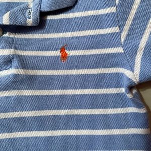 Blue and white striped Polo short sleeved shirt.